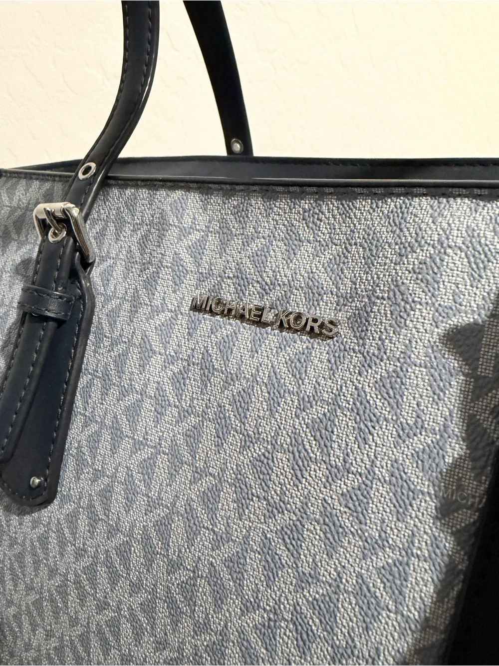 Michael Kors Light Blue MK Logo Tote with Navy Trim